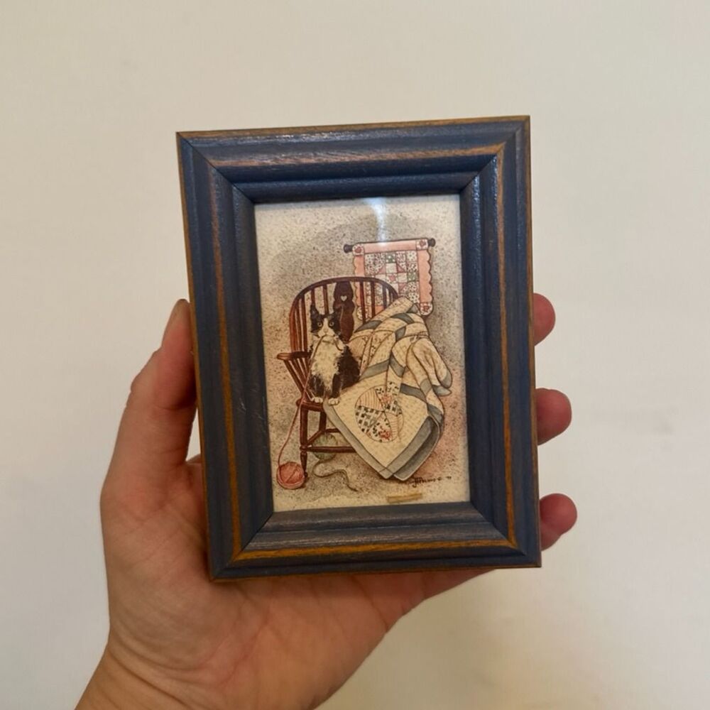 Vintage Framed Cottagecore Cat Quilt Print Shabby Chic Kitchen Art Decor